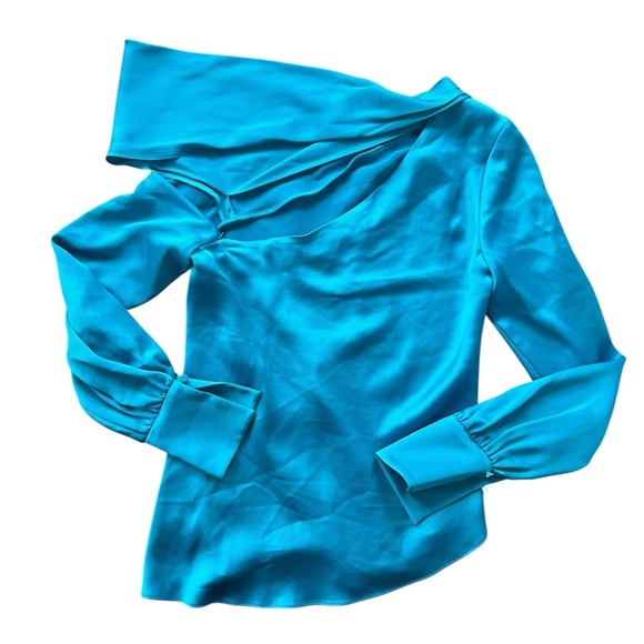 Simkhai Alice Off Shoulder Blouse Draped Satin Long Sleeve Phthalo Blue XS NWT - Picture 14 of 15